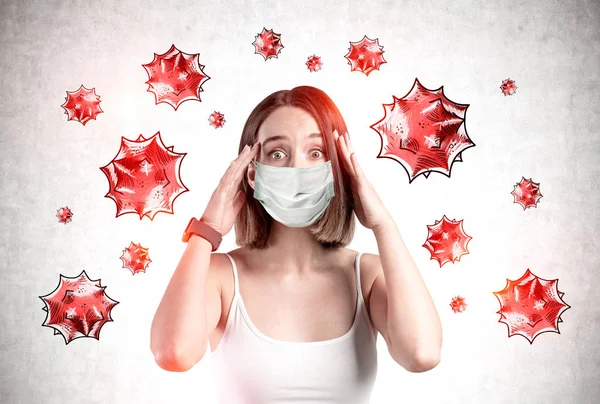 Scared young woman in medical mask, coronavirus — Stock Photo, Image