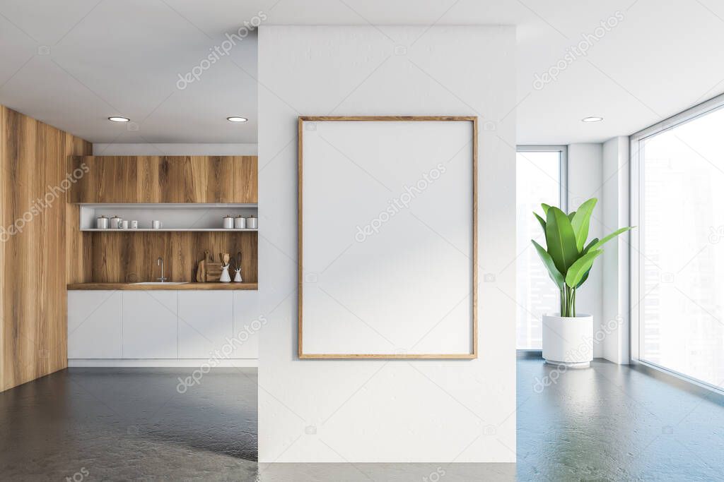 White and wooden kitchen with poster