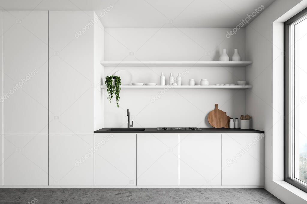 Loft white kitchen interior with countertops