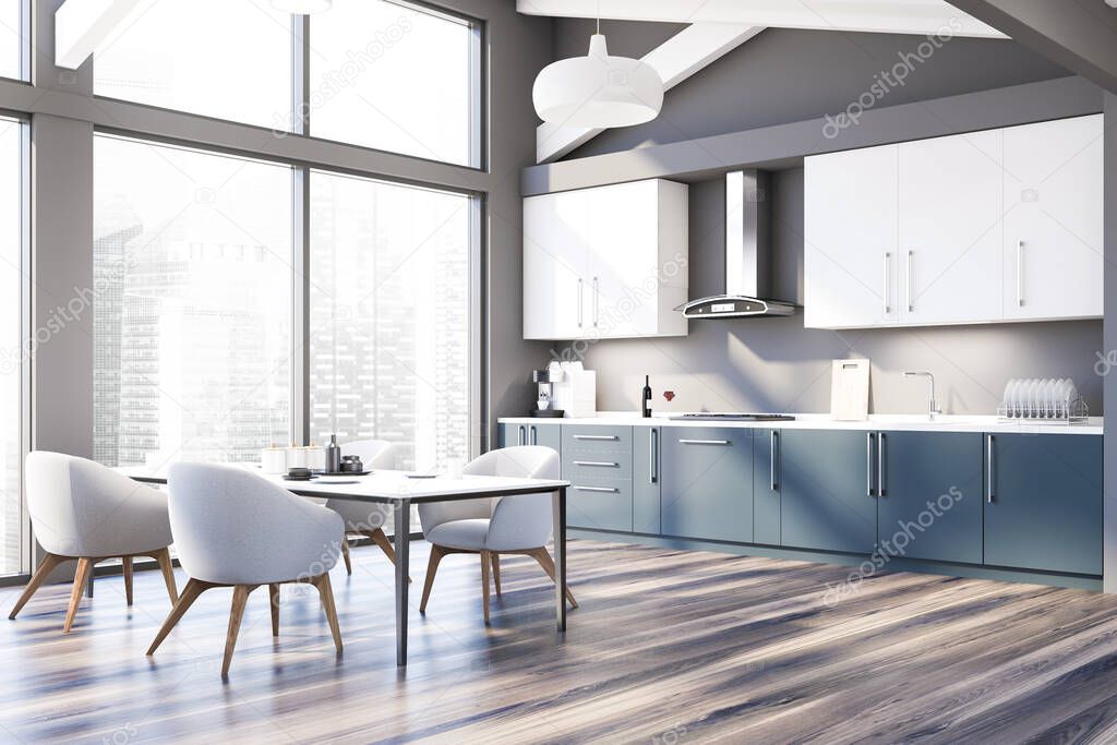 Corner Of Attic Kitchen With Grey Walls Wooden Floor Blue Countertops And Cupboards And Long Dining Table With White Armchairs 3d Rendering 342333134 Larastock