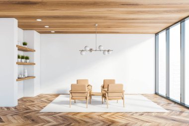 Bej koltuklu beyaz ofis salonu