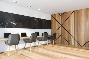 Beyaz ve mermer iş birliği tarzı ofis köşesi