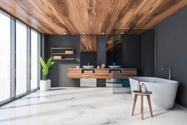 Lüks gri banyo, çift lavabo ve küvet