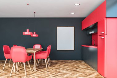 Gri ve kırmızı mutfak içi, masa ve poster