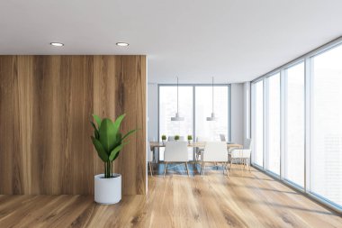 Beyaz ve ahşap panoramik toplantı odasının içi