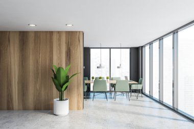 Gri ve ahşap panoramik toplantı odasının içi