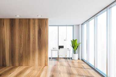 Beyaz ve ahşap ev ofis iç