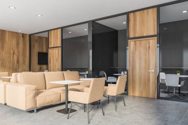 Gri ve ahşap ofis köşesi