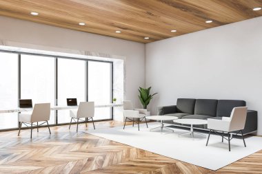 Beyaz ve mermer ofis köşesi.