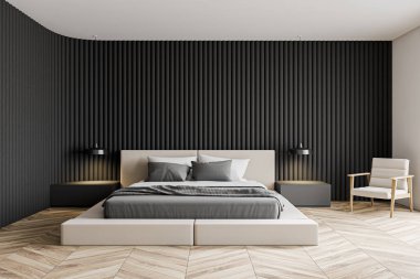 Gri minimalist ana yatak odası iç kısmı.