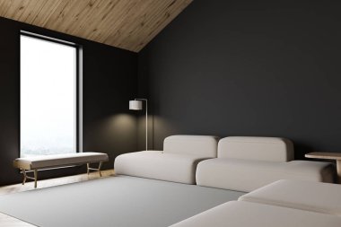 Gri tavan arası oturma odası kanepeli.