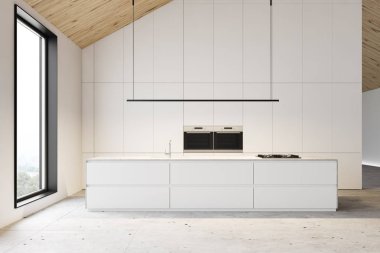 Beyaz tavan arası mutfağı adanın içinde.