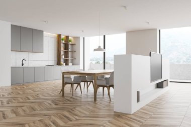 Beyaz mutfak ve salon iç