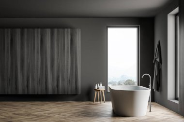 Dolabın içi gri, yan manzaralı.