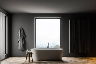 Küvet ve dolapla dolu gri banyo.