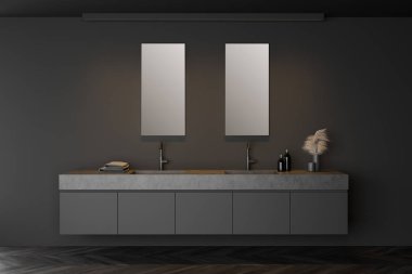 Gri banyoda çift lavabo