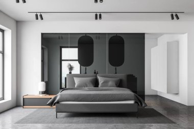 Beyaz yatak odası ve banyo, ön manzara.