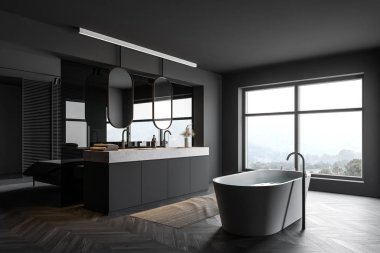 Gri banyo ve yatak odası köşesi