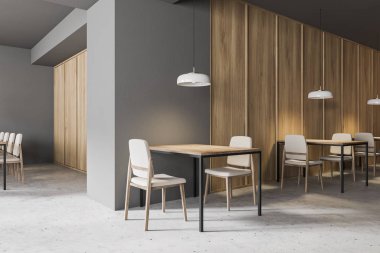 Gri ve ahşap kafe bar köşesi
