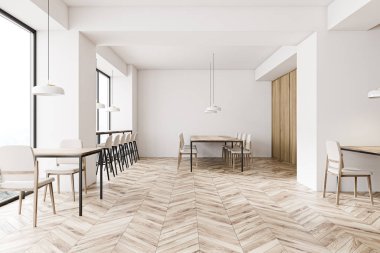 Beyaz ve ahşap endüstriyel kafeterya