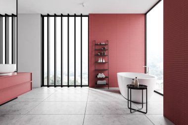 Küveti ve lavabosu olan kırmızı ve beyaz banyo.