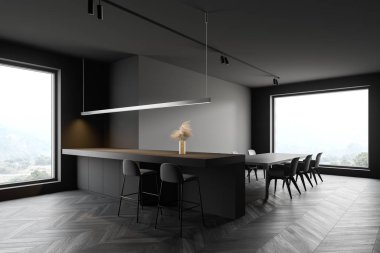 Gri mutfak köşesi ile ve barıyla