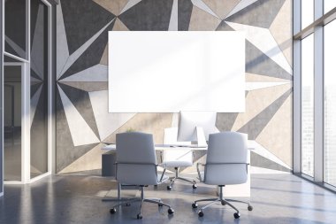 Gri geometrik desenli, posterli patron ofisi
