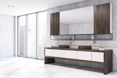 Çift lavabolu beyaz ve ahşap banyo köşesi