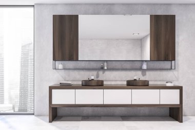 Çift lavabo beyaz ve ahşap banyo