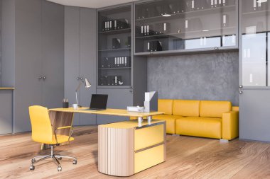 Sarı kanepeli gri patron ofisi köşesi