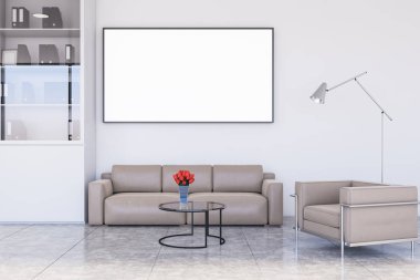 Ofis bekleme odasında bej kanepe ve poster