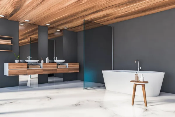 Роскошный серый угол ванной комнаты, двойная раковина и тюбик — стоковое фото