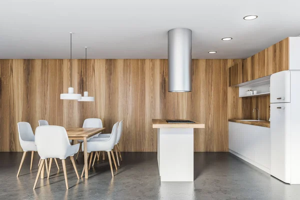 Dapur putih dan kayu dengan meja — Stok Foto