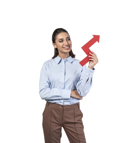 Lächelnde Geschäftsfrau mit Grafik, isoliert — Stockfoto