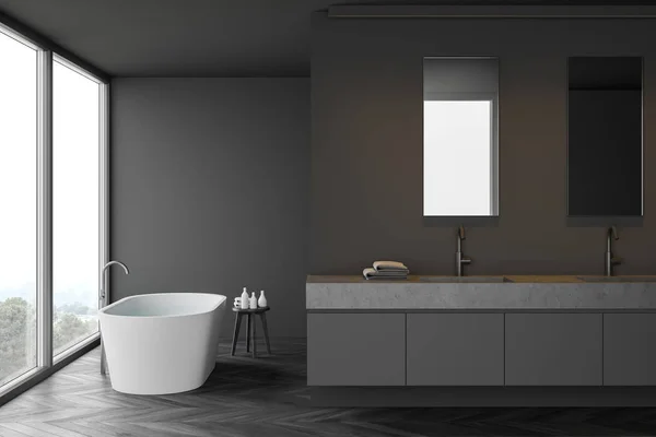 Bagno grigio interno, vasca e lavabo — Foto Stock