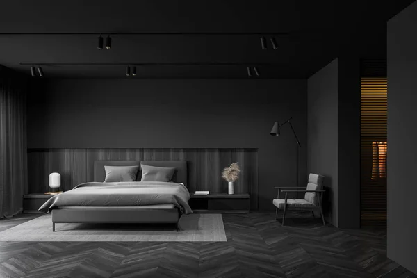 Dormitorio principal gris y de madera con sillón —  Fotos de Stock