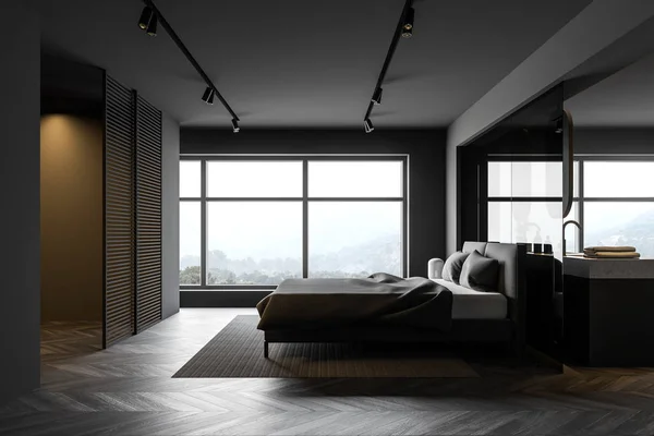 Dormitorio principal gris y baño, vista lateral —  Fotos de Stock