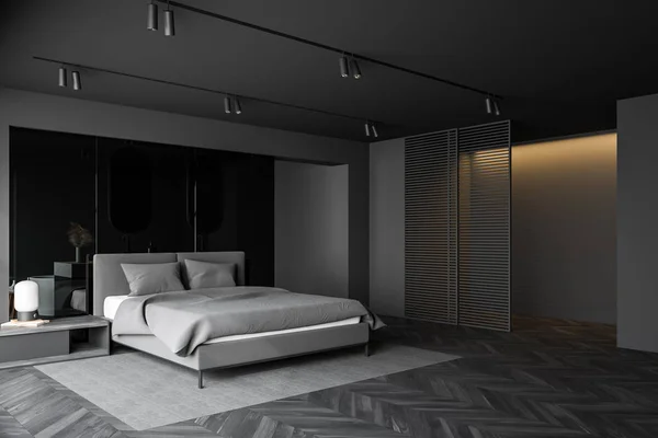 Lyxigt grått sovrum och badrum inredning — Stockfoto