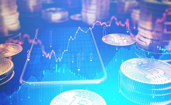 Bitcoin, akıllı telefon ve grafik. Kripto para birimi