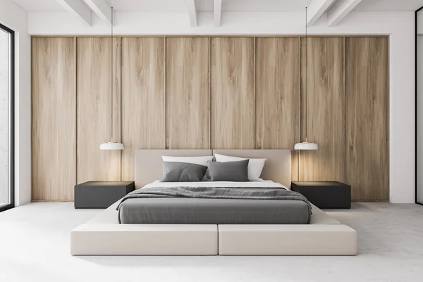 Interior kamar tidur utama kayu modern — Stok Foto