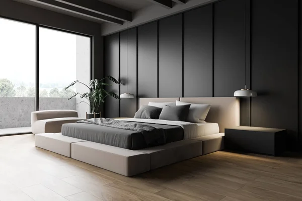 Modern gri ana yatak odası köşesi — Stok fotoğraf