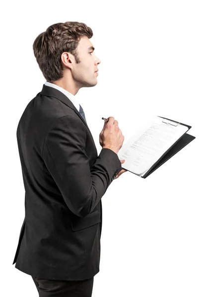 Businessman with clipboard and pen, isolated — Stock Photo, Image