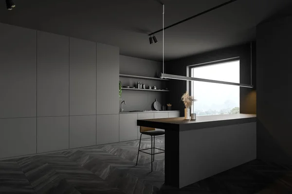 Лофт сірий кухонний куточок зі стільницями і барною стійкою — стокове фото