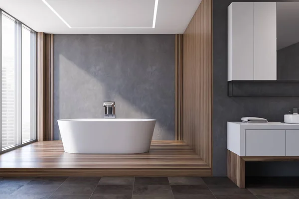 Baño gris y de madera, bañera y lavabo —  Fotos de Stock