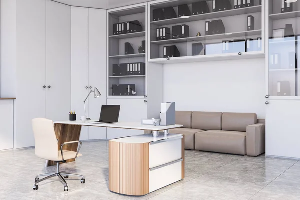 White boss office corner with beige sofa — Stock Photo, Image