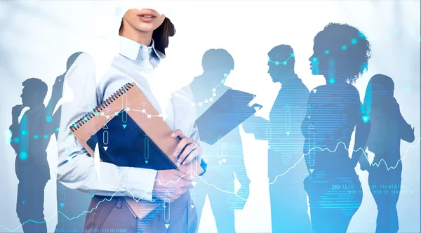 Woman with notebook and her business team — Stock Photo, Image