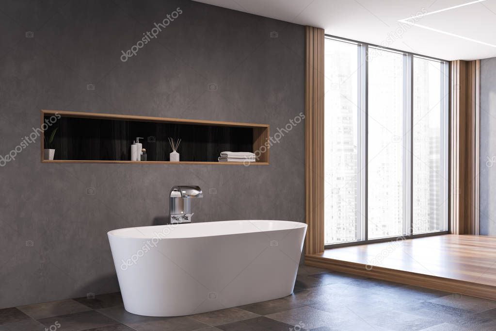 Gray bathroom corner with tub and shelf