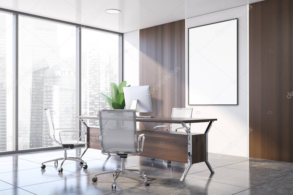 White and wooden executive office with poster