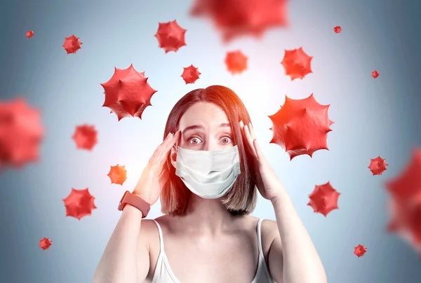 Scared young girl in medical mask, coronavirus — Stock Photo, Image