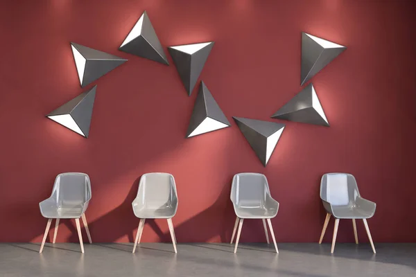 Four chairs in simple red waiting room — Stock Photo, Image